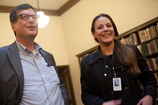Christine Stuart and me at last Thursday’s book event in New Haven. Stuart, who runs the online news service CT News Junkie along with her husband, Doug Hardy, was the first person I interviewed for “The Wired City.”